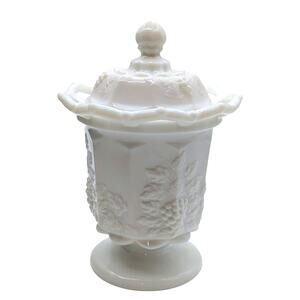 Vtg Westmoreland Milk Glass Grape Design Open Lace Lidded Top Decorative  Jar